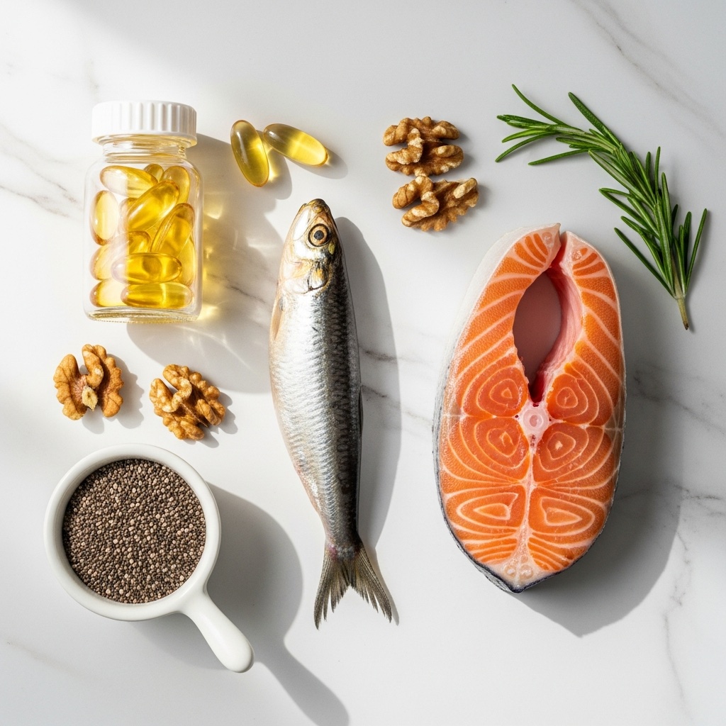 Fuentes de omega-3: salmón, sardinas, nueces y cápsulas de aceite de pescado
